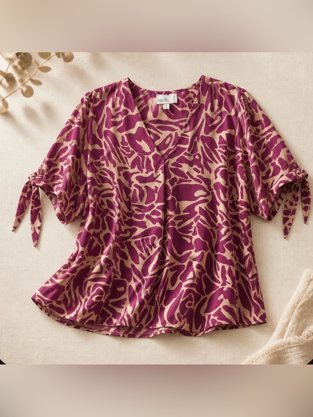 Railroad Pink Animal-Print Tie-Sleeve V-Neck Blouse